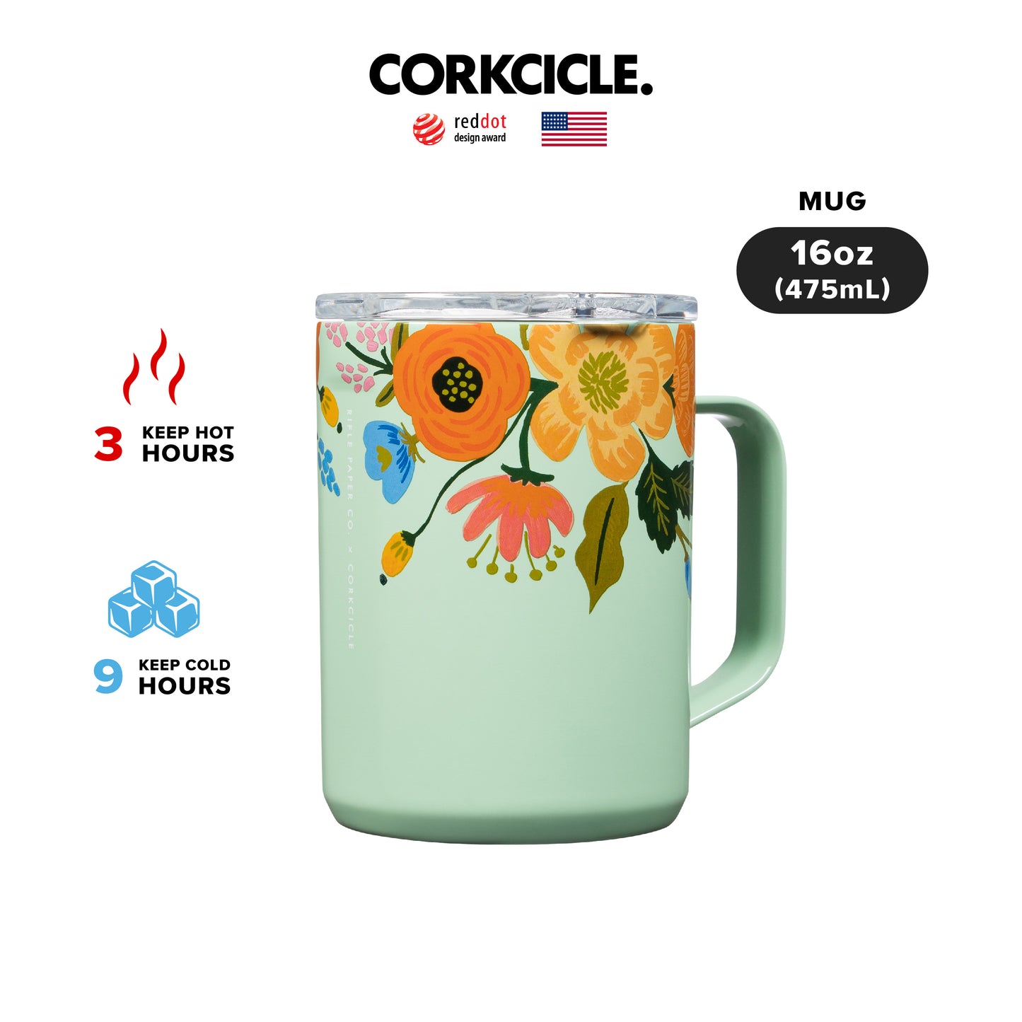 CORKCICLE : MUG RIFLE PAPER GLOSS - LIVELY FLORAL MINT 16 OZ